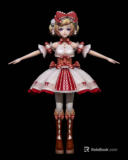 Game and Movie Character in Red White Dress with Bows Lace and Long Socks 3d model 