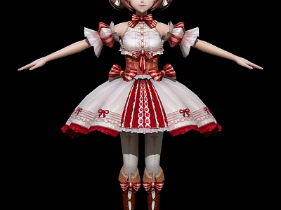 Game and Movie Character in Red White Dress with Bows Lace and Long Socks 3d model