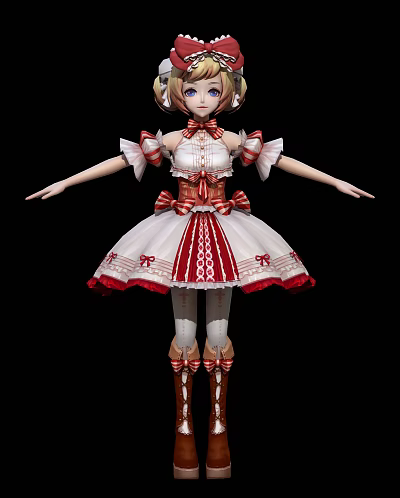 Game and Movie Character in Red White Dress with Bows Lace and Long Socks 3d model