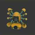 Yellow Robotic Game And Movie Character With Multiple Orange Mechanical Arms Central Screen And Base