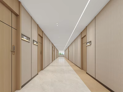 Modern Hotel Corridor Interior With Light Colored Walls Doors And Ceiling Light Strip 3d model