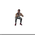 Man Squatting In Tank Top Gray Pants And Red Shoes With Tattoo On Gray Background