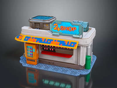 Colorful 24SHOP Store Landscape With Orange Awning Blue Signage And Display Cabinet 3d model