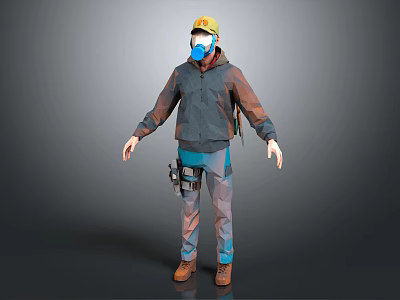 3D Worker Character Wearing Yellow Hard Hat Blue Mask Brown Jacket And Tool Belt 3d model