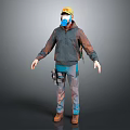 3D Worker Character Wearing Yellow Hard Hat Blue Mask Brown Jacket And Tool Belt
