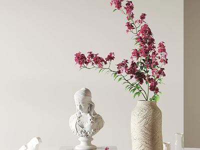 Elegant Decorative Ornament Combination with White Statue Pink Flowers in Textured Vase 3d model