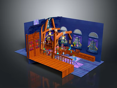 Cartoon Magic Fantasy Scene With Wooden Shelves Potions Arched Windows Dark Blue Walls 3d model