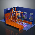 Cartoon Magic Fantasy Scene With Wooden Shelves Potions Arched Windows Dark Blue Walls