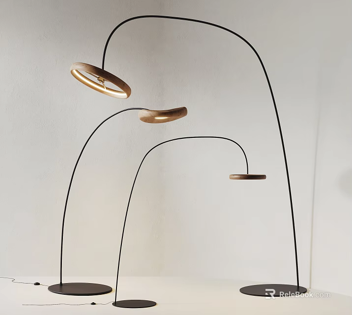 Modern Arc Shaped Floor Lamps With Golden Lampshades And Dark Bases 3d model 