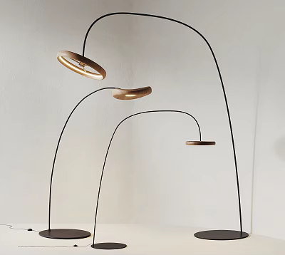 Modern Arc Shaped Floor Lamps With Golden Lampshades And Dark Bases 3d model