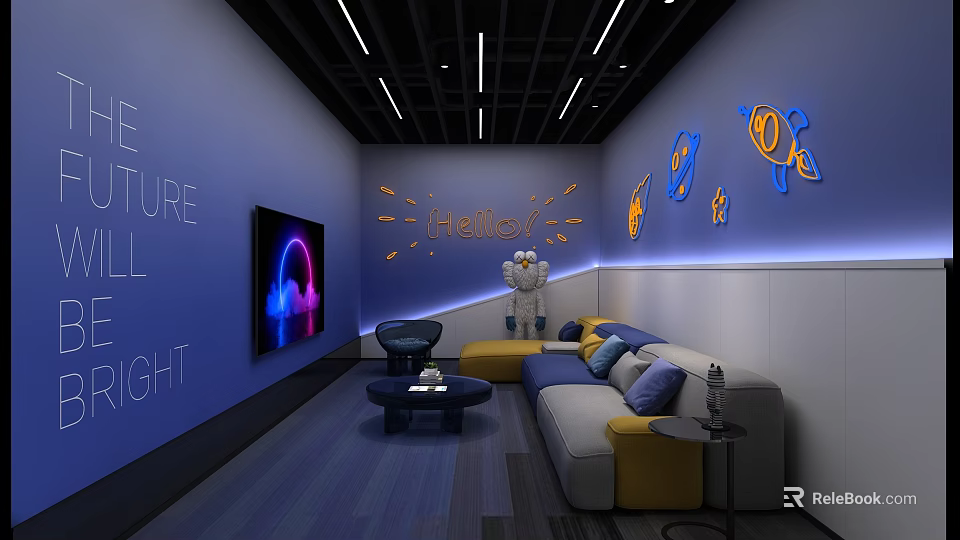 Modern Leisure Area Interior With Blue Walls Neon Decorations Cartoon Elements Sofa And TV 3d model 