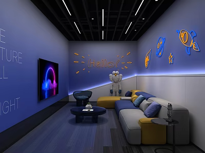 Modern Leisure Area Interior With Blue Walls Neon Decorations Cartoon Elements Sofa And TV 3d model