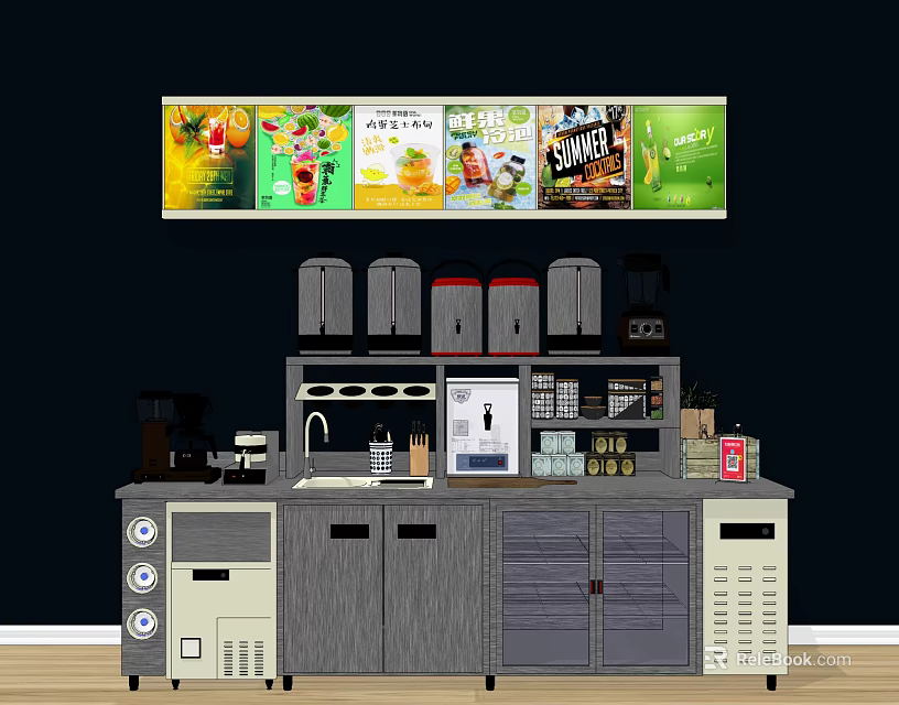 Functional Commercial Beverage Station Table With Menu Display Coffee Machine And Storage Cabinets 3d model