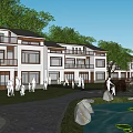 White Exterior Rural Self Built House with Balconies Lawn and Pond in Courtyard