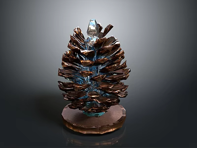 Artistic Metallic Pinecone Sculpture With Brown Base And Blue Glossy Details 3d model