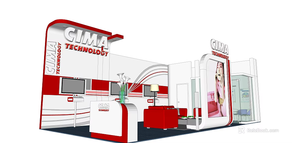 CIMA Technology Exhibition Booth Design With Red White Color And Modern Structure Elements 3d model 