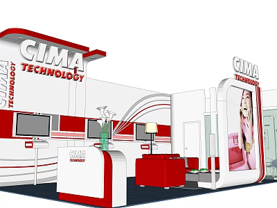 CIMA Technology Exhibition Booth Design With Red White Color And Modern Structure Elements 3d model