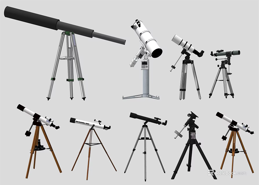 Various Commercial Telescope Equipment With Tripod Stands And Different Designs 3d model 
