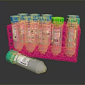 Household Storage Organizer Pink Multiple Hole Rack With Blue Green Cap Bottles And Single Container