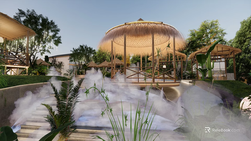 Garden Landscape With Bamboo Pavilion Misty Atmosphere And Lush Green Plants 3d model 