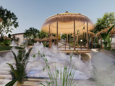 Garden Landscape With Bamboo Pavilion Misty Atmosphere And Lush Green Plants 3d model