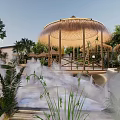 Garden Landscape With Bamboo Pavilion Misty Atmosphere And Lush Green Plants