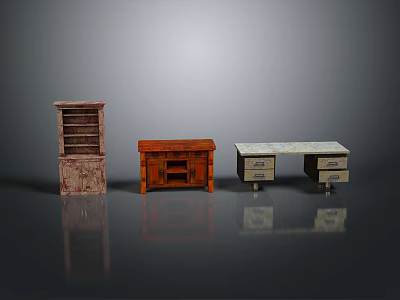 Three Piece Home Furniture Collection Featuring Wooden Cabinet Shelf And Desk With Drawers 3d model