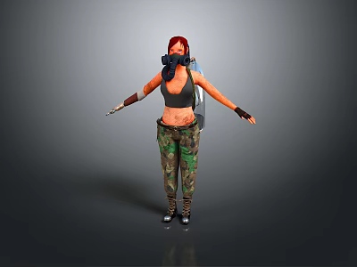 Tactical Military Weapon Carried by Red Haired Woman in Camouflage Pants and Black Vest 3d model