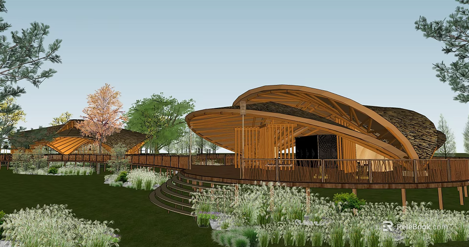 Boutique Homestay Building Featuring Wooden Curved Roof Terrace Steps Amid Greenery Lawn Flowers Trees 3d model 