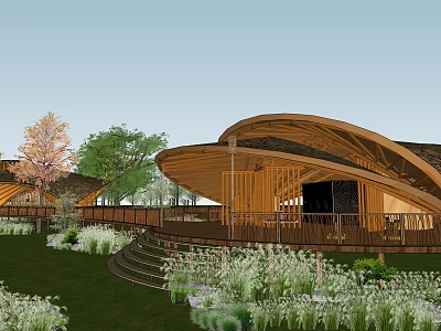 Boutique Homestay Building Featuring Wooden Curved Roof Terrace Steps Amid Greenery Lawn Flowers Trees 3d model