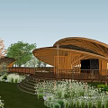 Boutique Homestay Building Featuring Wooden Curved Roof Terrace Steps Amid Greenery Lawn Flowers Trees