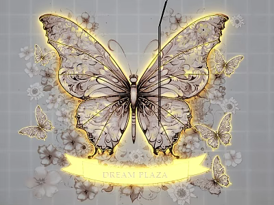 Illuminated Butterfly Art Installation with Intricate Patterns and Floral Elements at Dream Plaza 3d model