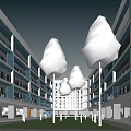 Modern School Building With Multi Storey Structure Glass Windows And Parking Lot Near Trees