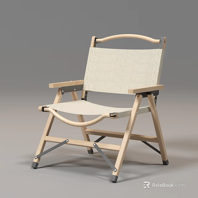 Foldable Leisure Chair with Light Wood Frame and Beige Canvas Seat Backrest 3d model 