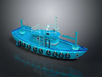 Blue Tugboat With Multiple Black Tire Bumpers Deck Cabin And Mast 3d model