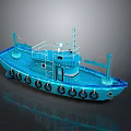 Blue Tugboat With Multiple Black Tire Bumpers Deck Cabin And Mast