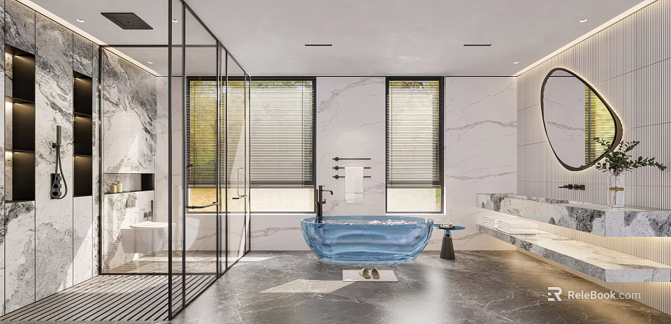 Modern Bathroom Interior With Glass Shower Marble Walls And Blue Freestanding Tub 3d model 