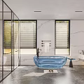 Modern Bathroom Interior With Glass Shower Marble Walls And Blue Freestanding Tub