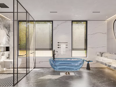 Modern Bathroom Interior With Glass Shower Marble Walls And Blue Freestanding Tub 3d model
