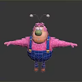 Cartoonish Game Movie Character With Pink Body Blue Overalls Antennae Green Nose And Outstretched Arms