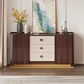 Elegant Dark Brown Storage Cabinet With Woven Drawer Panels Gold Base And Top Decorative Items