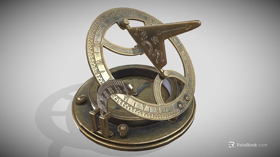 Vintage Brass Sundial With Intricate Scales And Decorative Structure On Circular Base 3d model 