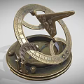 Vintage Brass Sundial With Intricate Scales And Decorative Structure On Circular Base