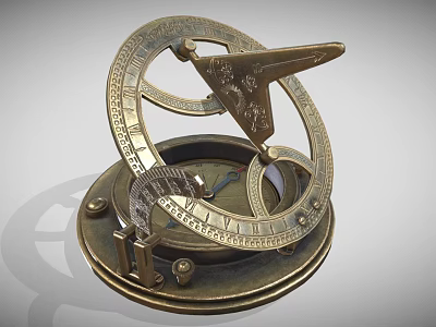 Vintage Brass Sundial With Intricate Scales And Decorative Structure On Circular Base 3d model