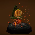 Cartoon Girl Character With Pumpkin Head Creature And Vine Tentacles On Lava Ground With Sparks