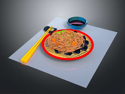 Delicious Fried Noodles With Vegetables Served On Red Rimmed Plate With Chopsticks And Sauce Bowl 3d model