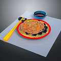 Delicious Fried Noodles With Vegetables Served On Red Rimmed Plate With Chopsticks And Sauce Bowl