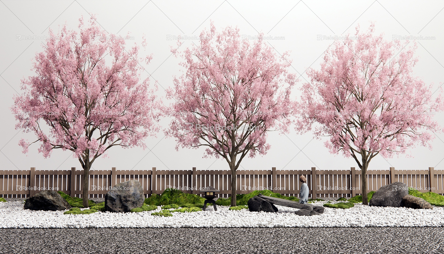 Japanese-style cherry tree peach blossom tree landscape tree courtyard landscape sketch stone fence 3d model