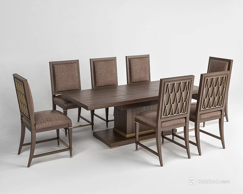 Dark Brown Solid Wood Dining Set With Six Patterned Backrest Chairs And Upholstered Seats 3d model
