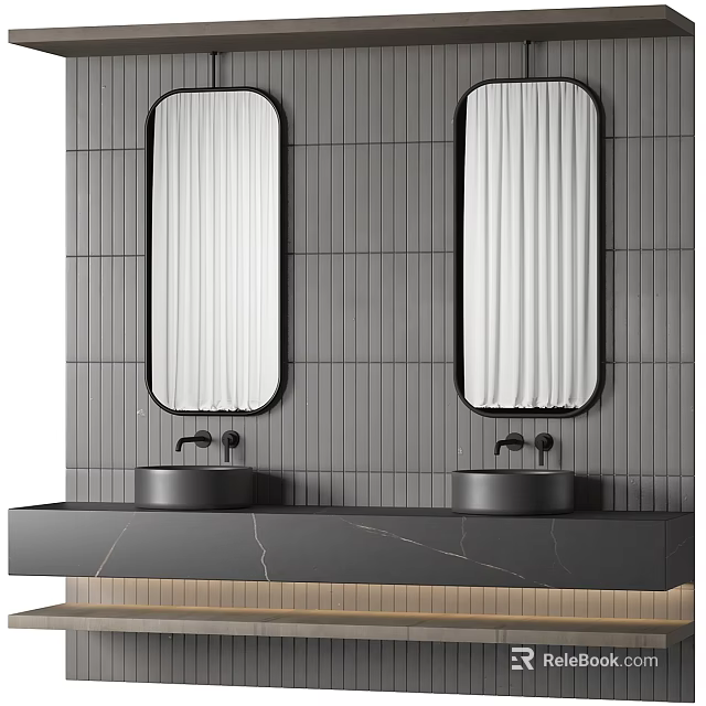 Modern Bathroom Vanity with Two Oval Mirrors Gray Vertical Striped Tile Wall and Black Countertop 3d model 